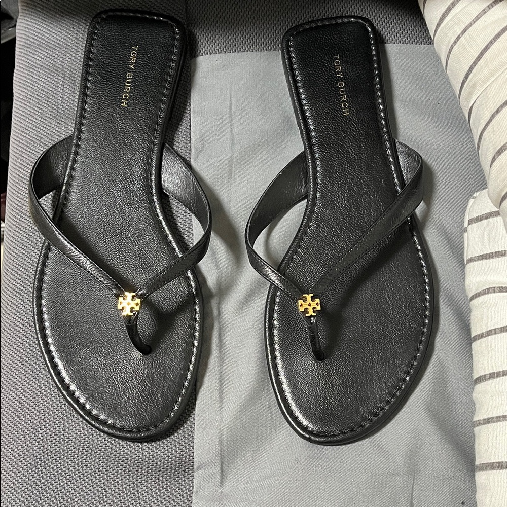 Tory Burch Black Thong Sandals with Gold Accent